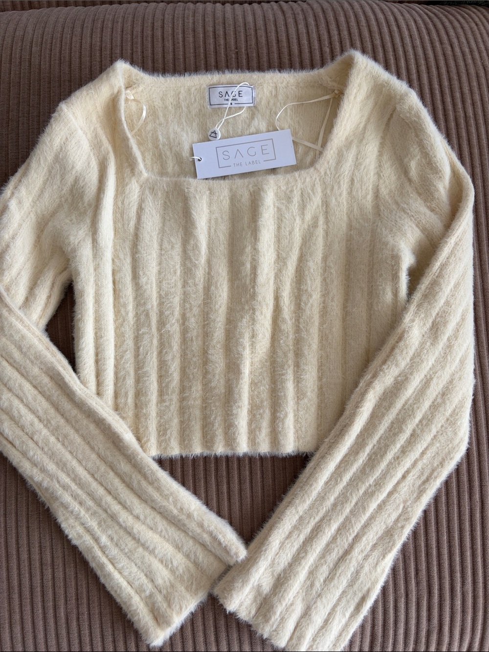 Sage Cream Ribbed Square-Neck Fuzzy Knit Sweater